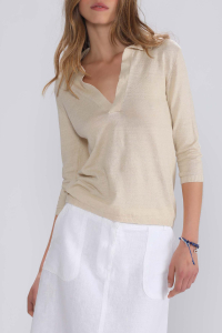 Jersey Cuello Polo Mujer Lino Beige - Jerseys Mujer - ESCALES